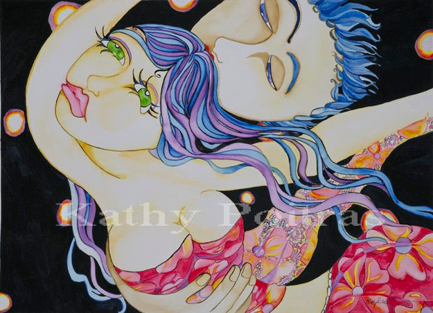 Collectorâs Edition 8.5 x 11 inch art card featuring a photographic print of âFlying,â a 22 x 30 inch watercolor and ink painting by Kathy Poitras, showing two intertwined figures with flowing multicolored hair, expressive eyes, and vibrant floral patterns against a glowing dark background.â