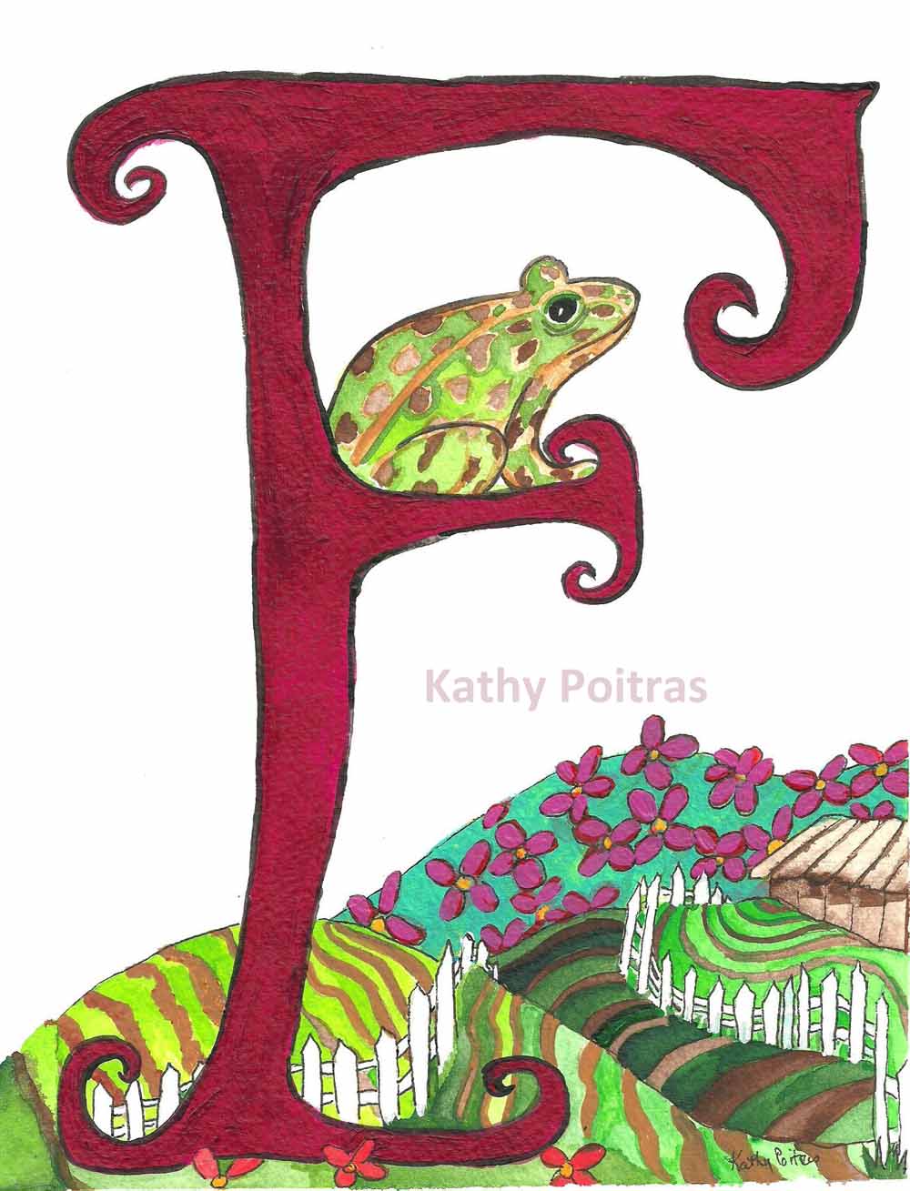 illustrated F is for Frog, Farm, Flowers and Fence.
