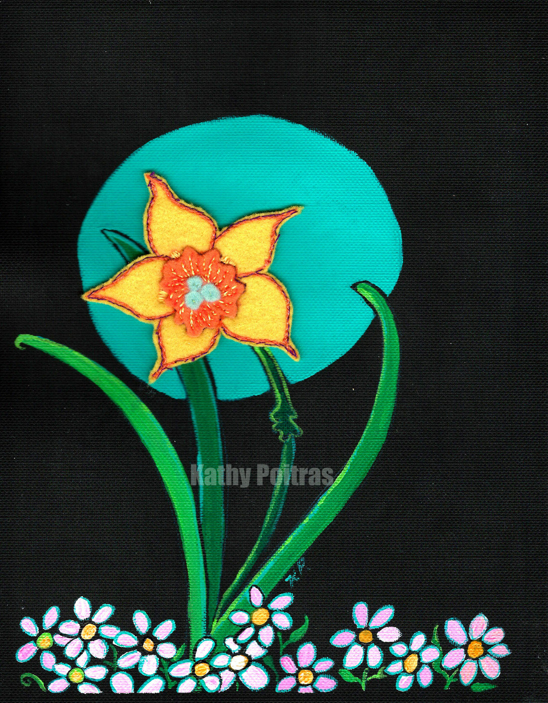 felt daffodil blossom with hand embroidery. mounted on acrylic painting on black canvas paper with a turquoise moon and small pink flowers at the bottom