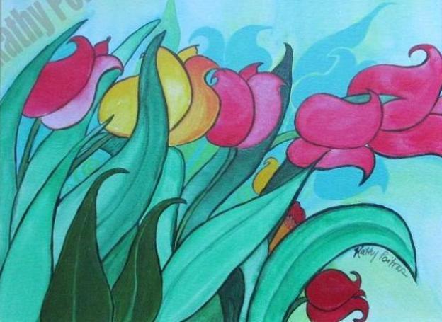Red and yellow tulips dancing in the wind. 16 x 20 inches, acrylic on canvas board. It is by me, Canadian Artist Kathy Poitras. Just a feeling of tulips and wind. Inspired by tulips in the Spring of 2018.