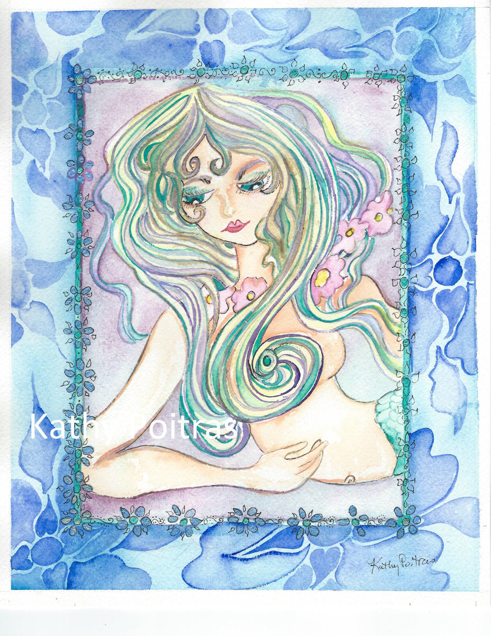 whimsical fantasy watercolor painting of a mermaid surrounded by watery flowers