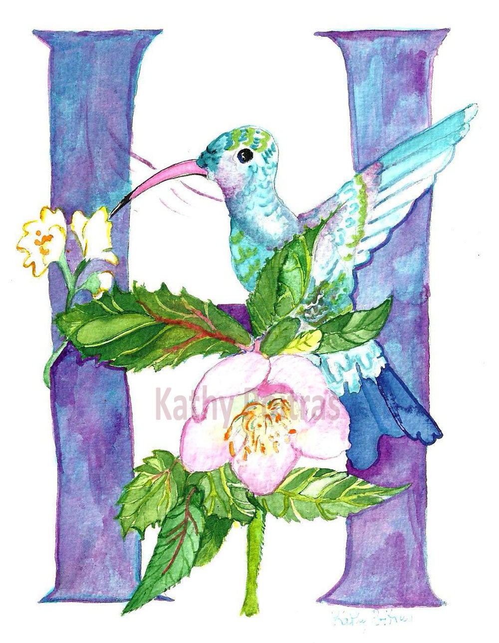 Illustrated letter Wall art, nursery art. H is for Hummingbird, Hellebores flowers. by artist Kathy Poitras