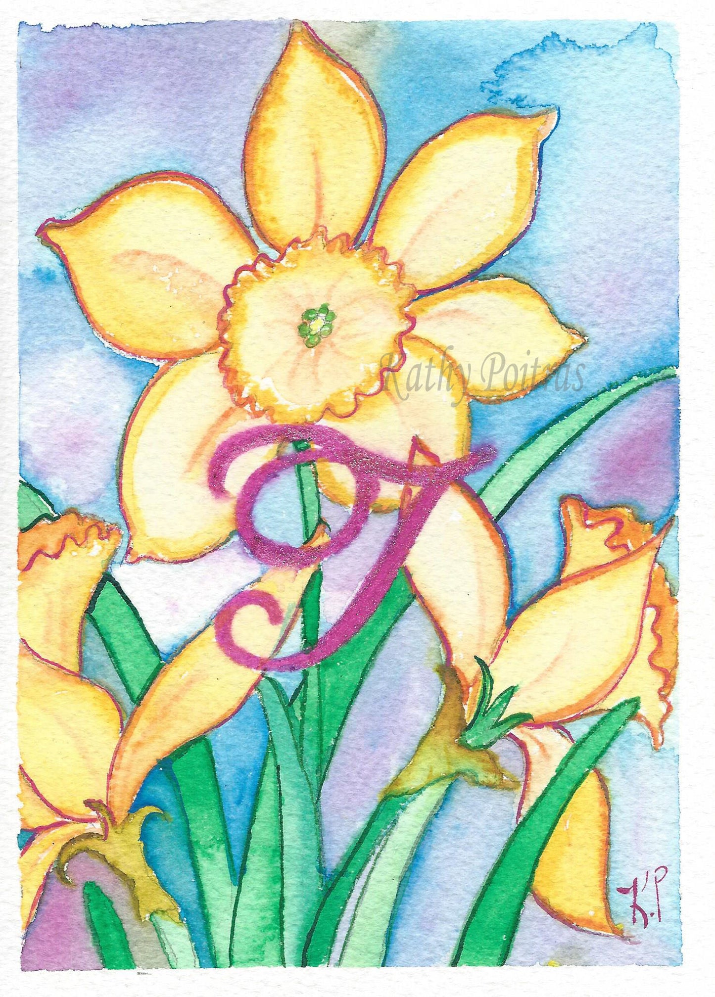 Personalized letter I Birthday Card, Mother's Day Card, of Daffodils