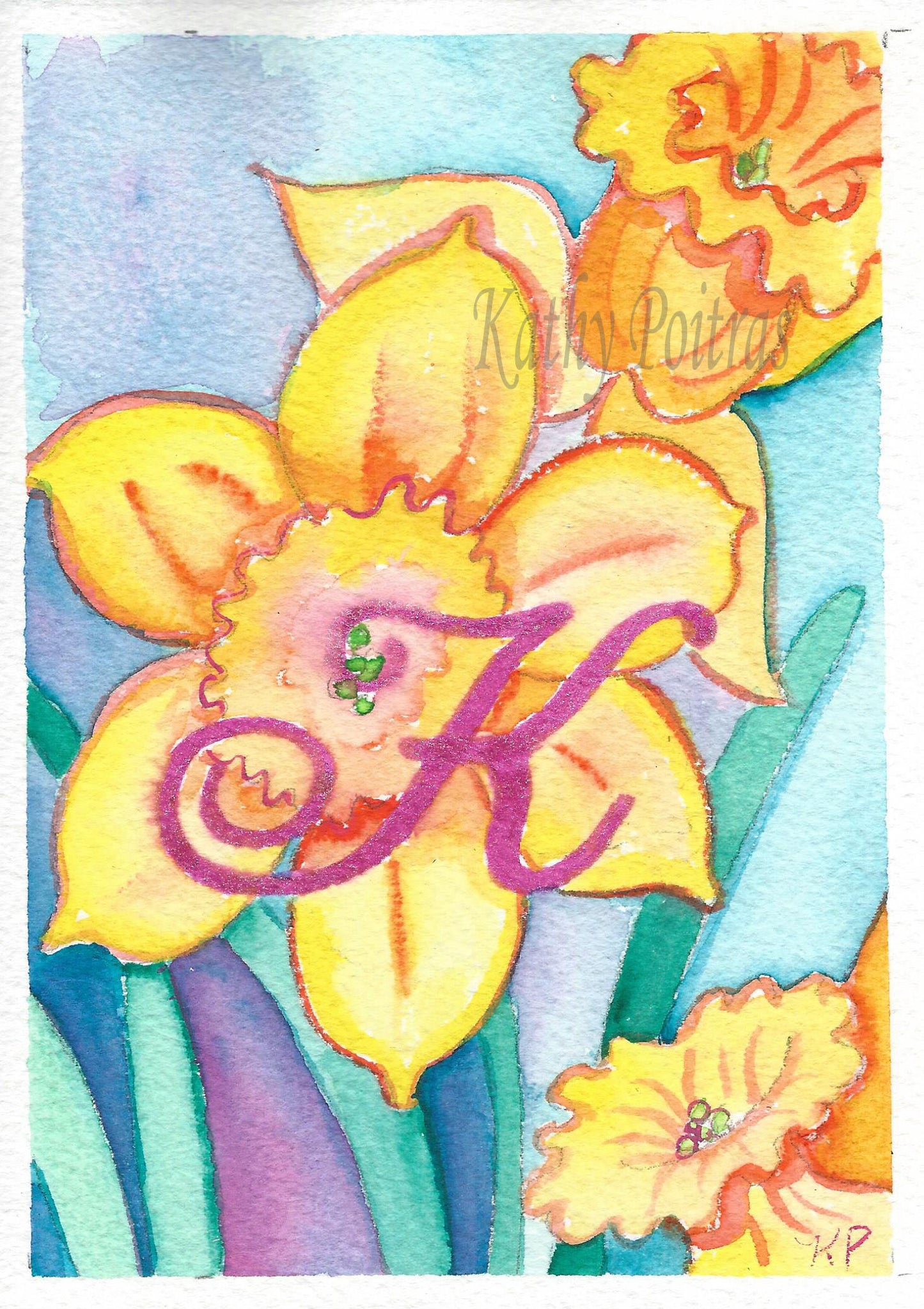 Watercolor and Ink, Letter K and dafodills by artist Kathy Poitras