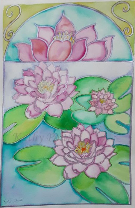 Lotus Flowers naive expressionist watercolor painting