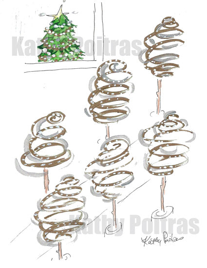 Swirly impressions of city Christmas trees, with a Christmas tree is some one's window. Christmas on Lower Lonsdale. Printable Christmas Card