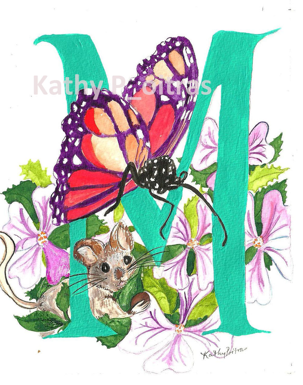 Letter M is for Monarch butterfly, Mouse and Mallows, by artist Kathy Poitras
