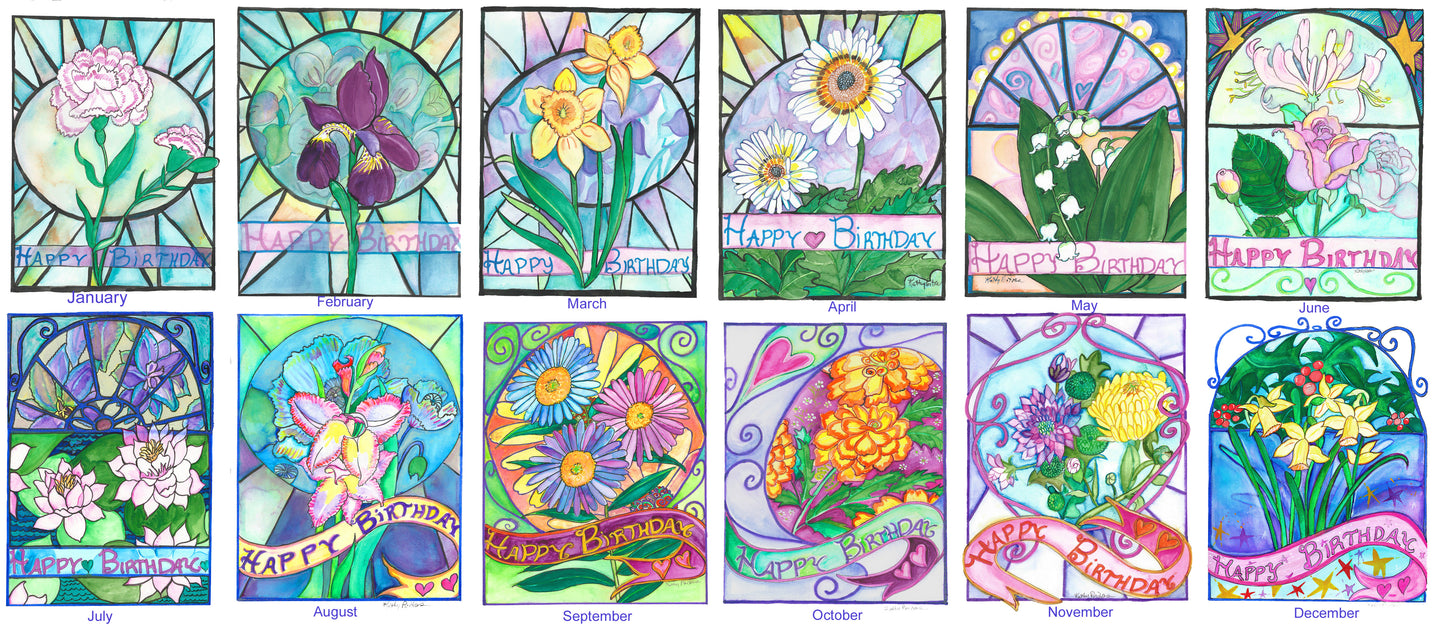 Mix and Match Flower of the month Birthday Cards by artist Kathy Poitras