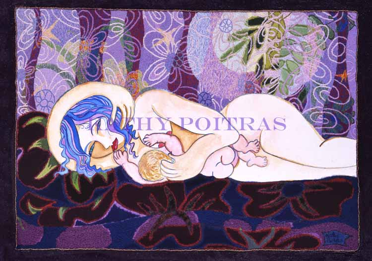 A naïve expressionist painting and hand embroidery of a mother breastfeeding her baby on a bed of beautiful burgundy velvet flowers. Mommy and Baby. by Canadian artist Kathy Poitras