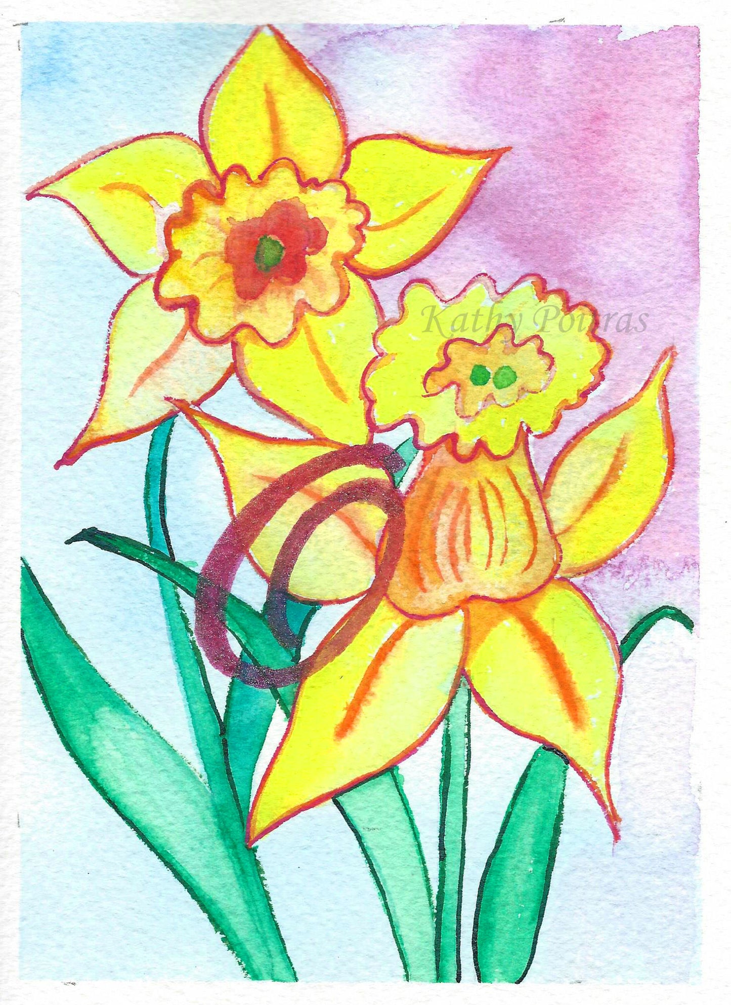 Original hand Painted one of a kind art card. Daffodils inspired by the birth flower of the month for March. This greeting card is an individual painting, watercolor and ink painted on arches 100% cotton paper. personalized with a fancy letter O as part of the painting. by Canadian artist Kathy Poitras.