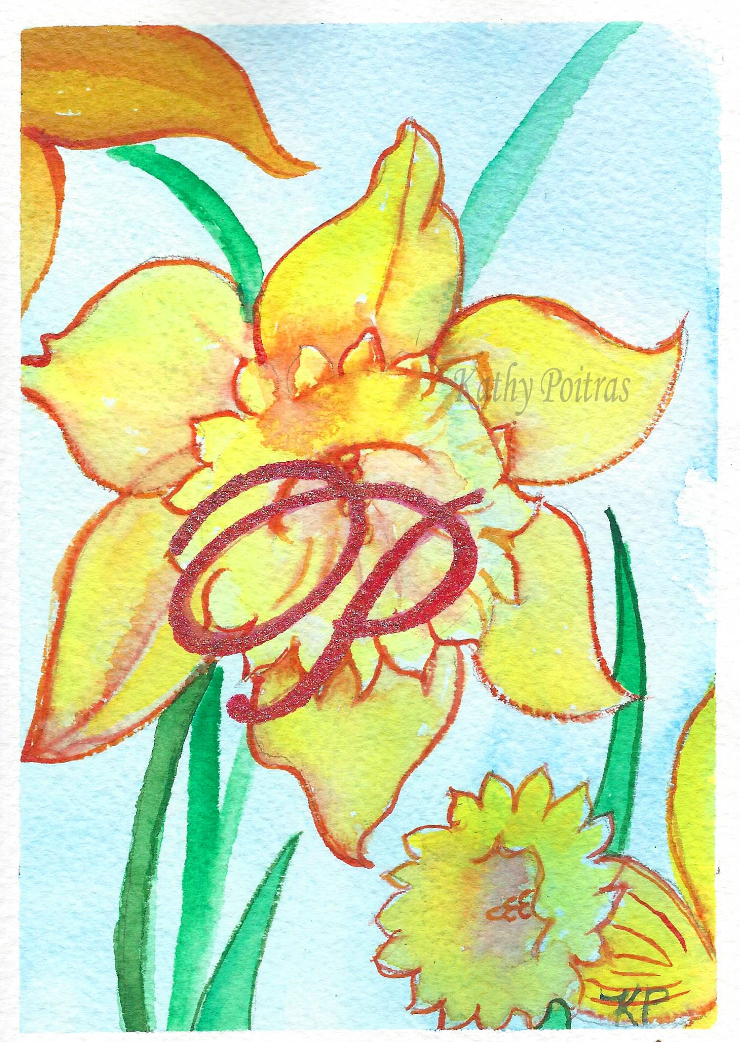naive watercolor and ink of dafodils, with a letter P painted in the middle.