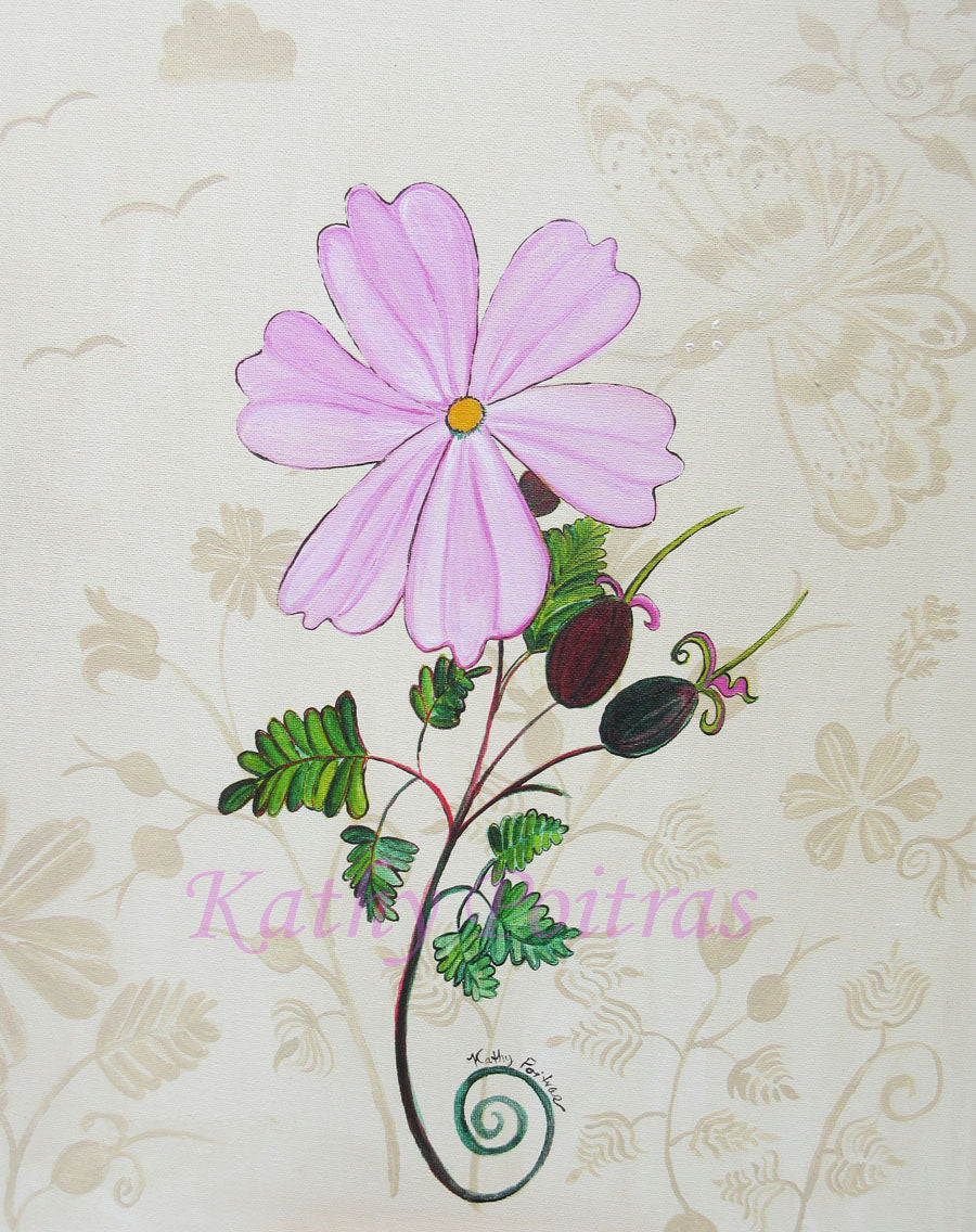 Acrylic folk art painting of a tiny pink blossom with pods that have little swords extending out from them The background is beige with an impressions of a butterfly and other natural elements in a darker beige. 16 x 20 inches acrylic on canvas board, by artist Kathy Poitras.