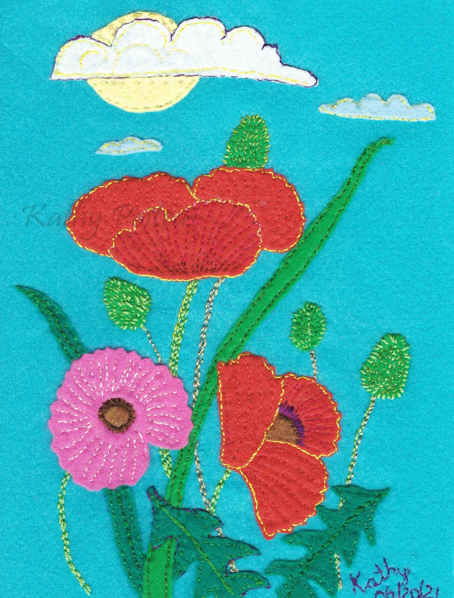 Poppies in the Sun. applique, hand embroidery on felt