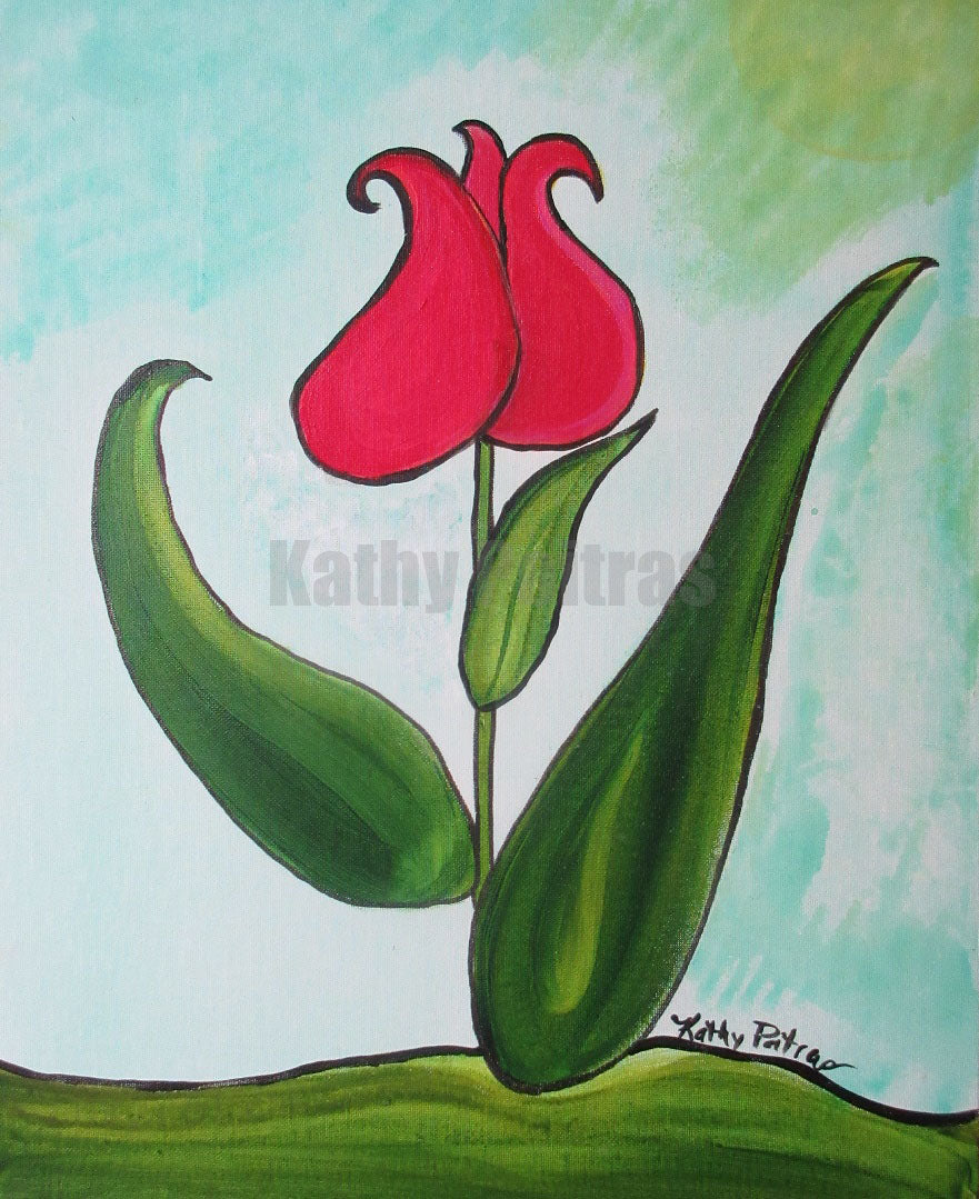A folk art painting of a single red tulip that has Dr. Sues feel, standing strong against a greenish blue background.