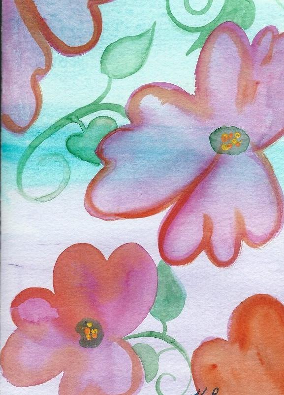 Original 5x7 inch watercolor painting art card. Four floating whimsical flowers on a blue green background. By artist Kathy Poitras.