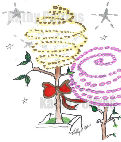Fun swirly impressions of city trees wrapped in yellow and pink lights. One of the trees has a big red bow. Christmas card instant digital download.