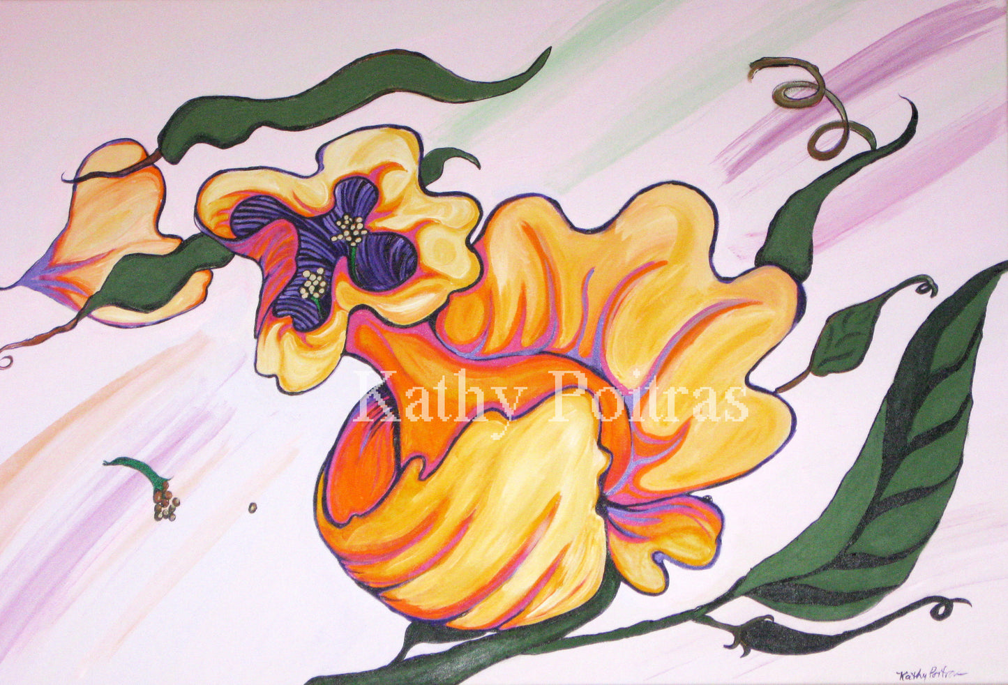 An acrylic painting of a yellow and orange flower inspired by the daffodil flies against the wind, I call it The Defiant One. From the imagination of Kathy Poitras.