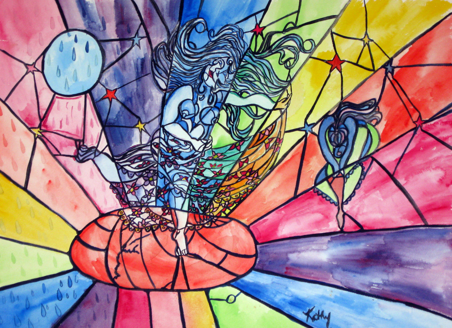 Watercolor painting in stained-glass style depicting a dancing figure split into two halves — one in cool blue tones with flowing hair and a serene expression, the other in warm green and yellow hues with dynamic hair and joyful movement. The figure stands on a red sphere that breaks into floral patterns, symbolizing emotional unraveling. Surrounding panels feature stars, abstract shapes, and symbolic elements: blue raindrops on the left representing tears, and a heart with a ribbon on the right. Created in