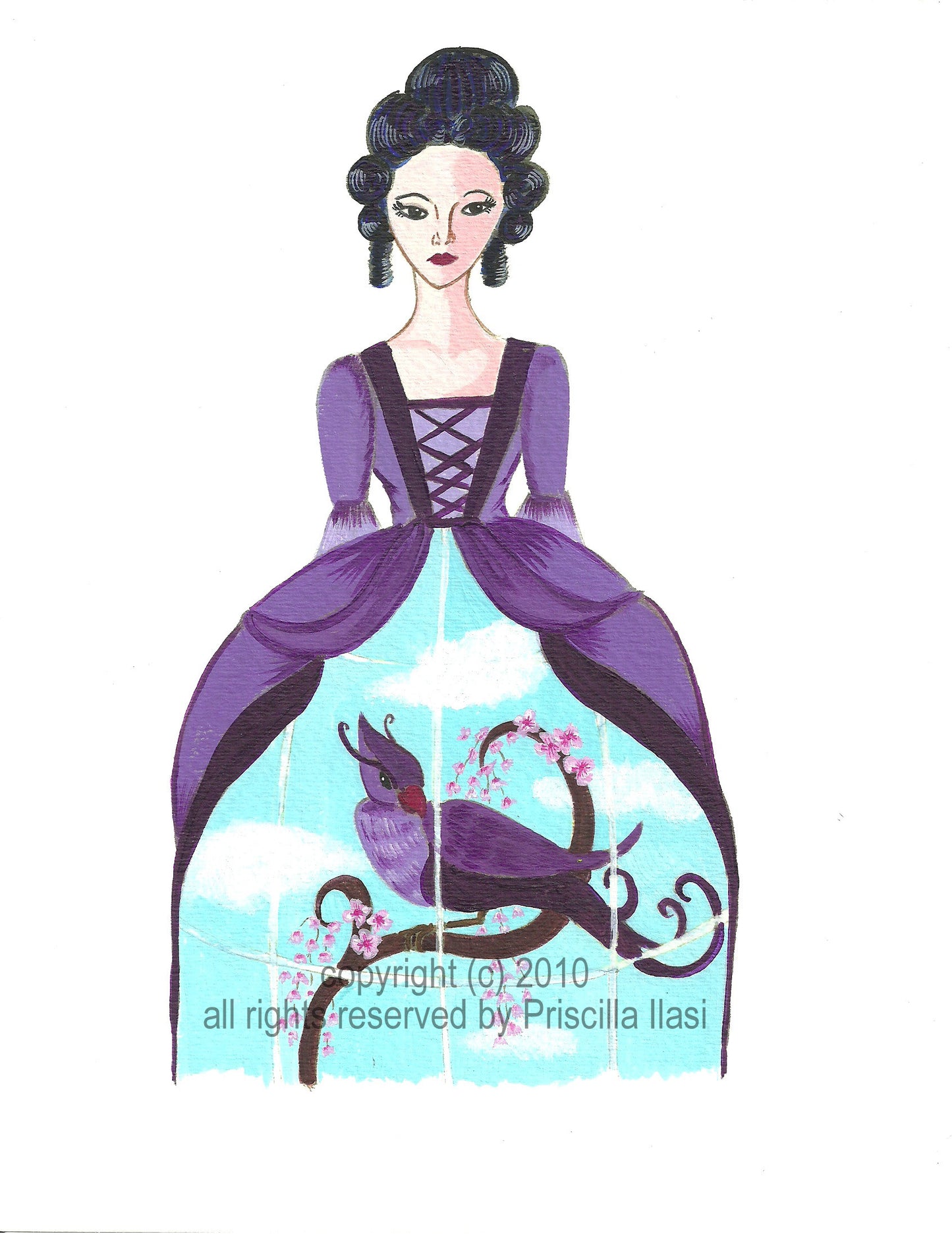 Whimsical painting. A whimsical young lady with a ball gown/ bird cage dress with beautiful whimsical bird in the cage with a blue sky and clouds in the background.