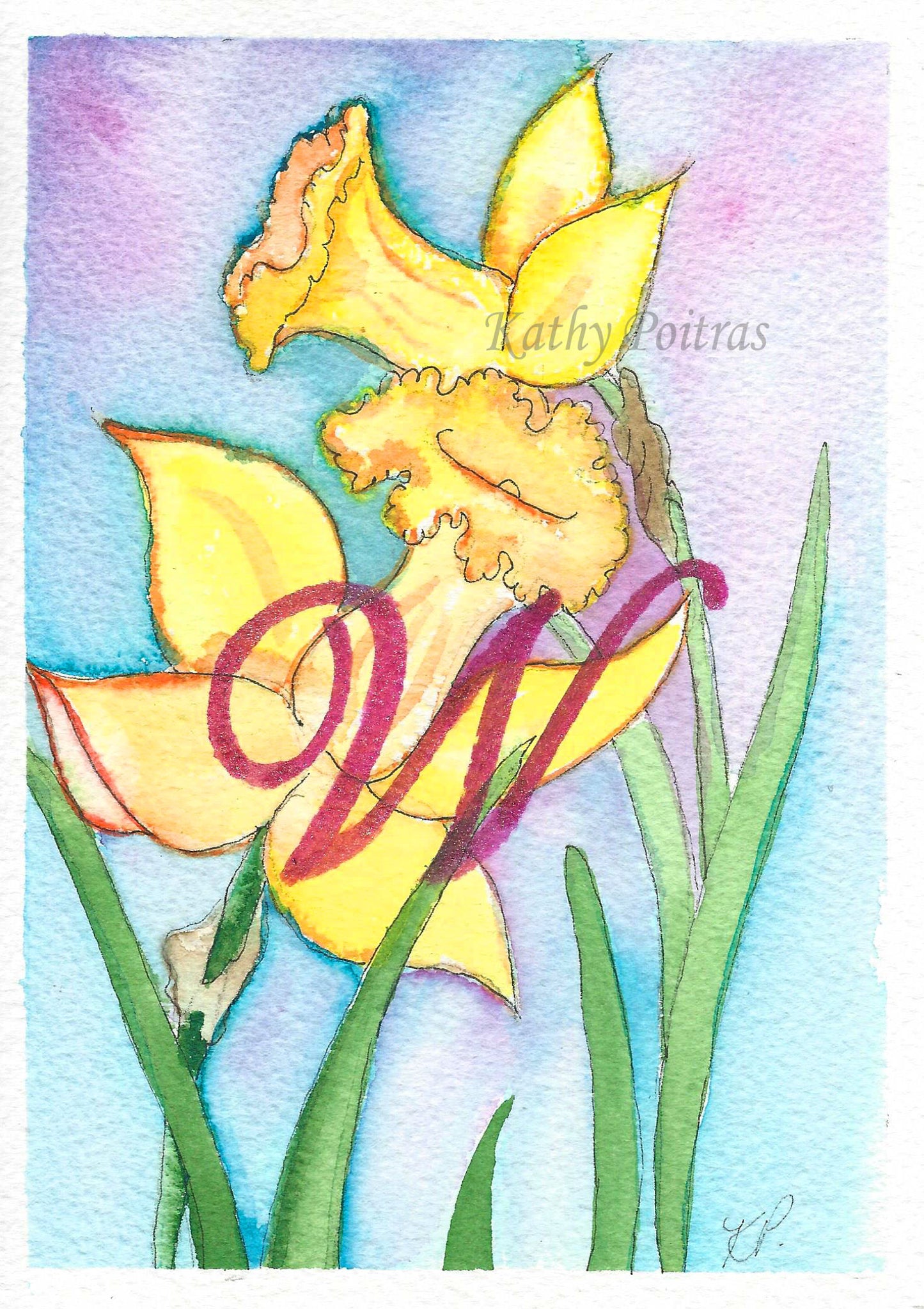 small watercolor and ink painting of dafodils. Personalized with a letter W.
