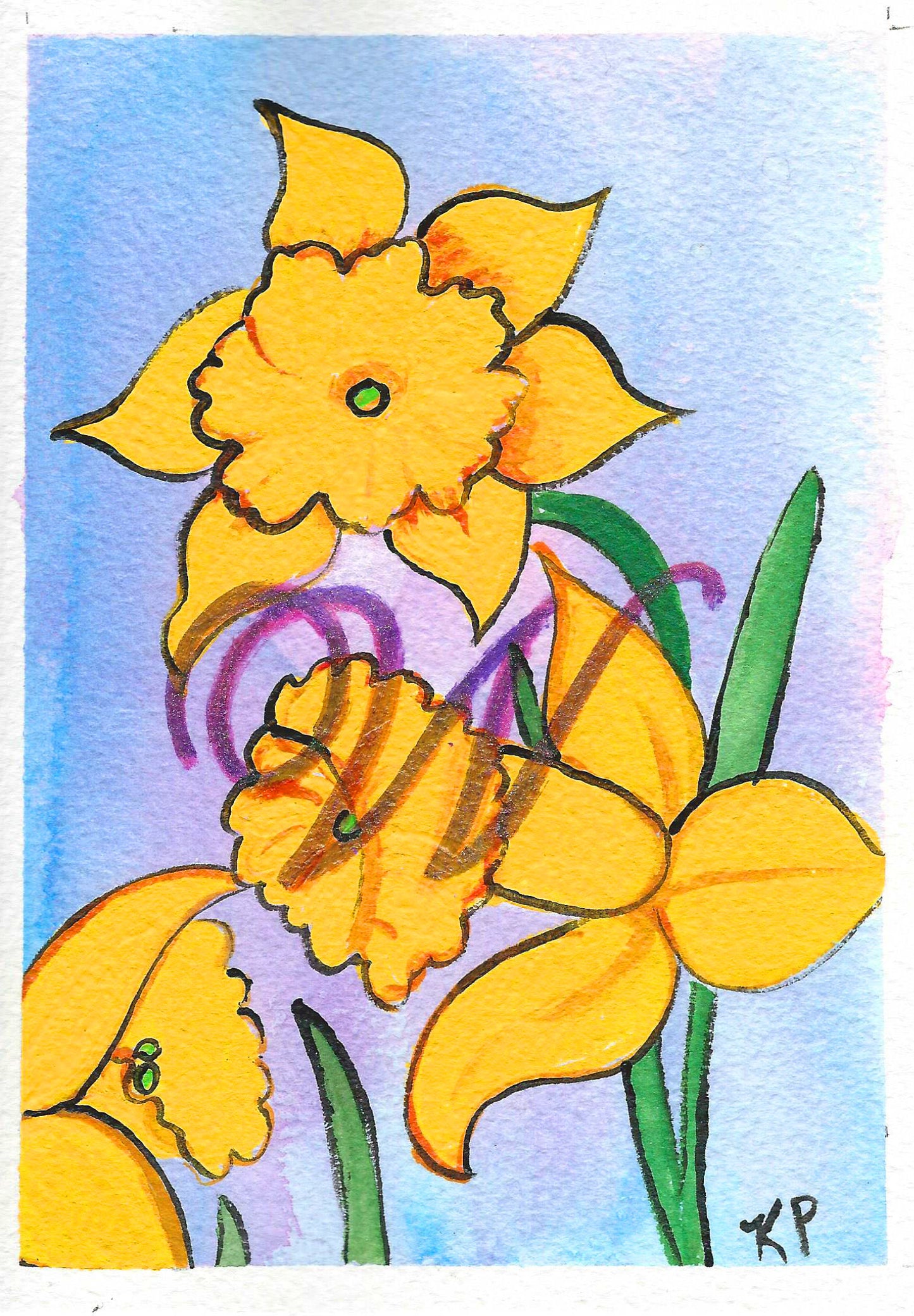 Original hand painted one of a kind art card. Card, Birthday Card, Mothers Day Card, acrylic and watercolor. Daffodils are the birth flower of the month for March. This flower of the month card is personalized with a fancy letter W by artist Kathy Poitras . Acrylic version