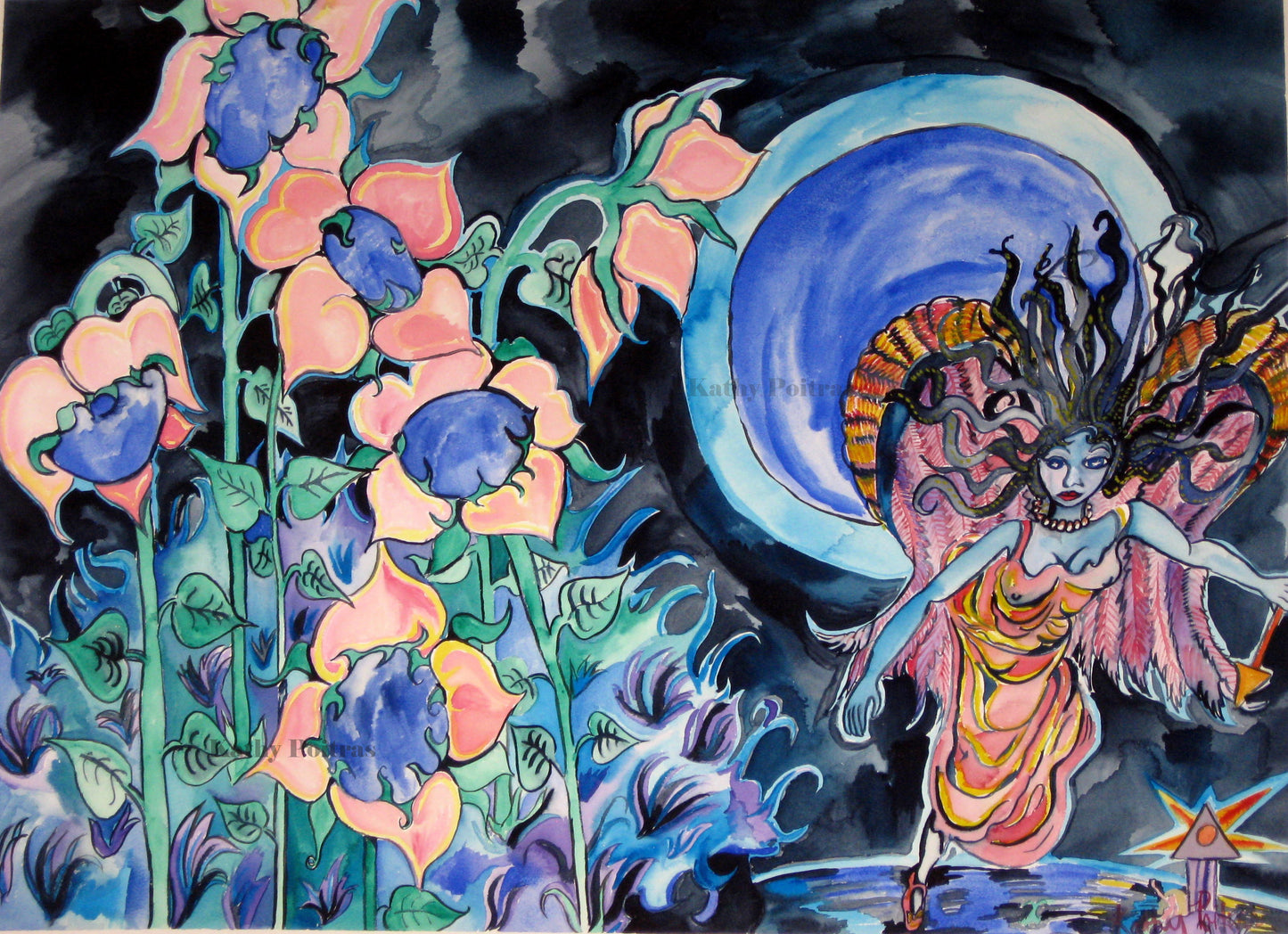 Surreal watercolor painting titled Witnesses by Kathy Poitras, featuring stylized pink and purple flowers observing a mythical blue-skinned figure with serpentine hair and wing-like robes. A glowing blue moon and swirling dark sky create a dramatic backdrop, evoking mystery and emotional tension.