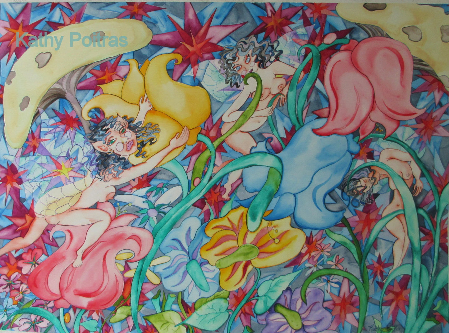 Fairies having a wild party among the flowers. On 22 x 30 inch rag paper.   by Canadian artist, Kathy Poitras.  An early work. 