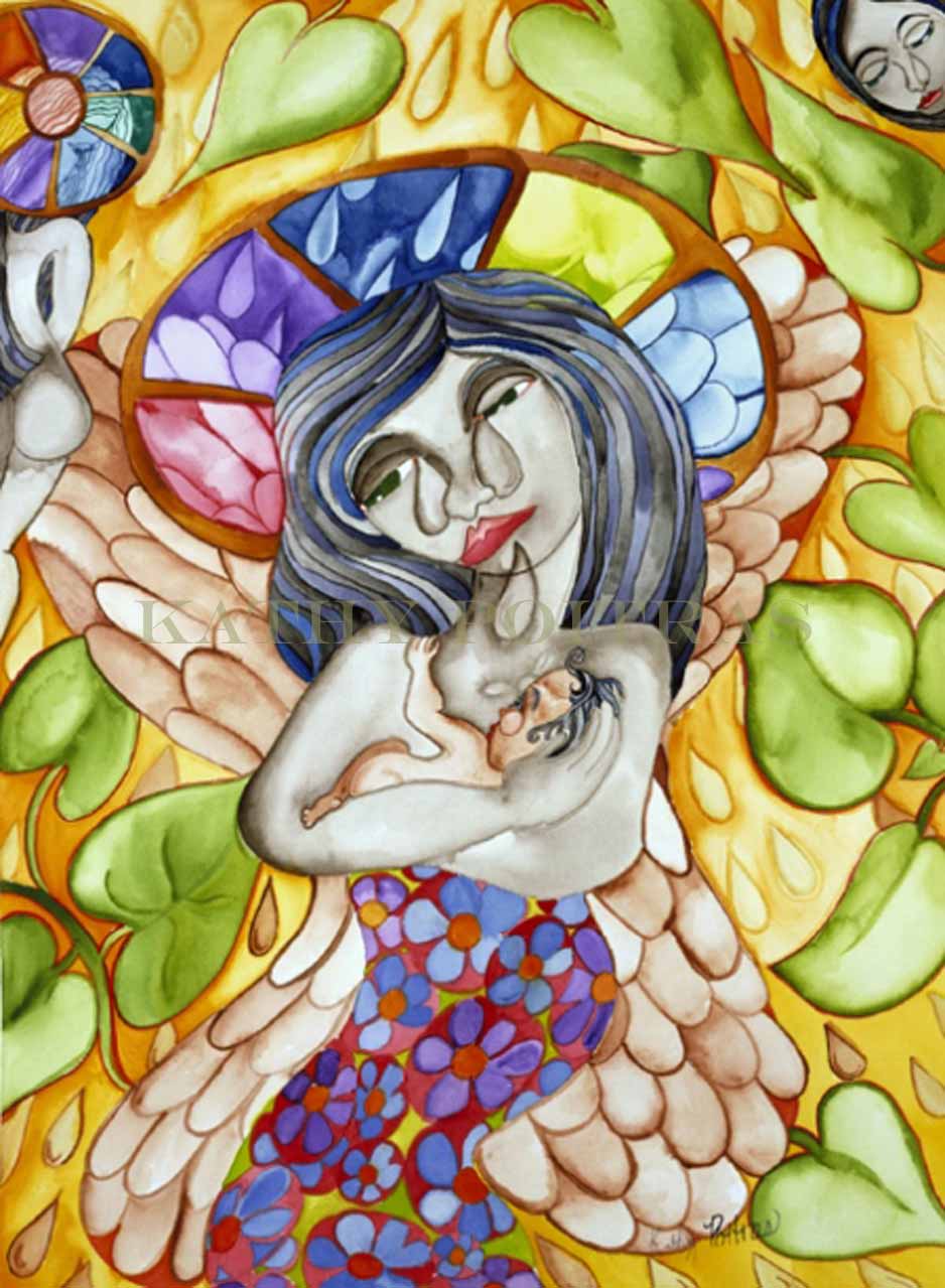 Expressionist painting. A crying angel rescues a baby of war. Dedicated to the children who have become political pawns, forcefully separated from their loving parents. I wish I could save them from their heartbreak.