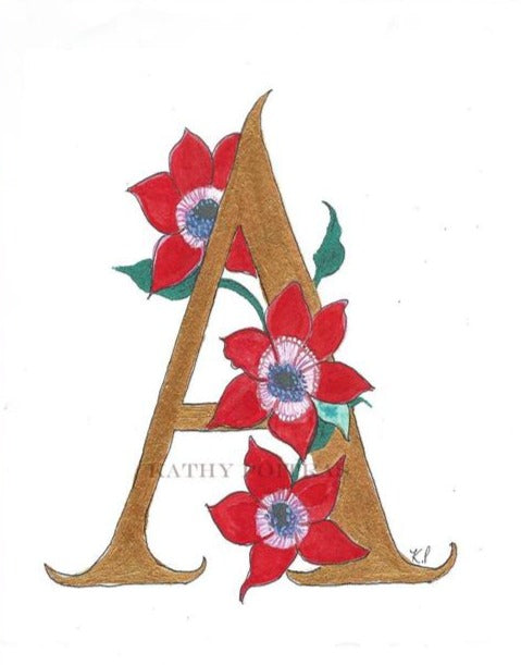 Illustrated letter A is for Anemones. Wall art, nursery art. on 8.5 x 11 inch watercolor paper. watercolor, ink and gold metallic paint. by artist Kathy Poitras