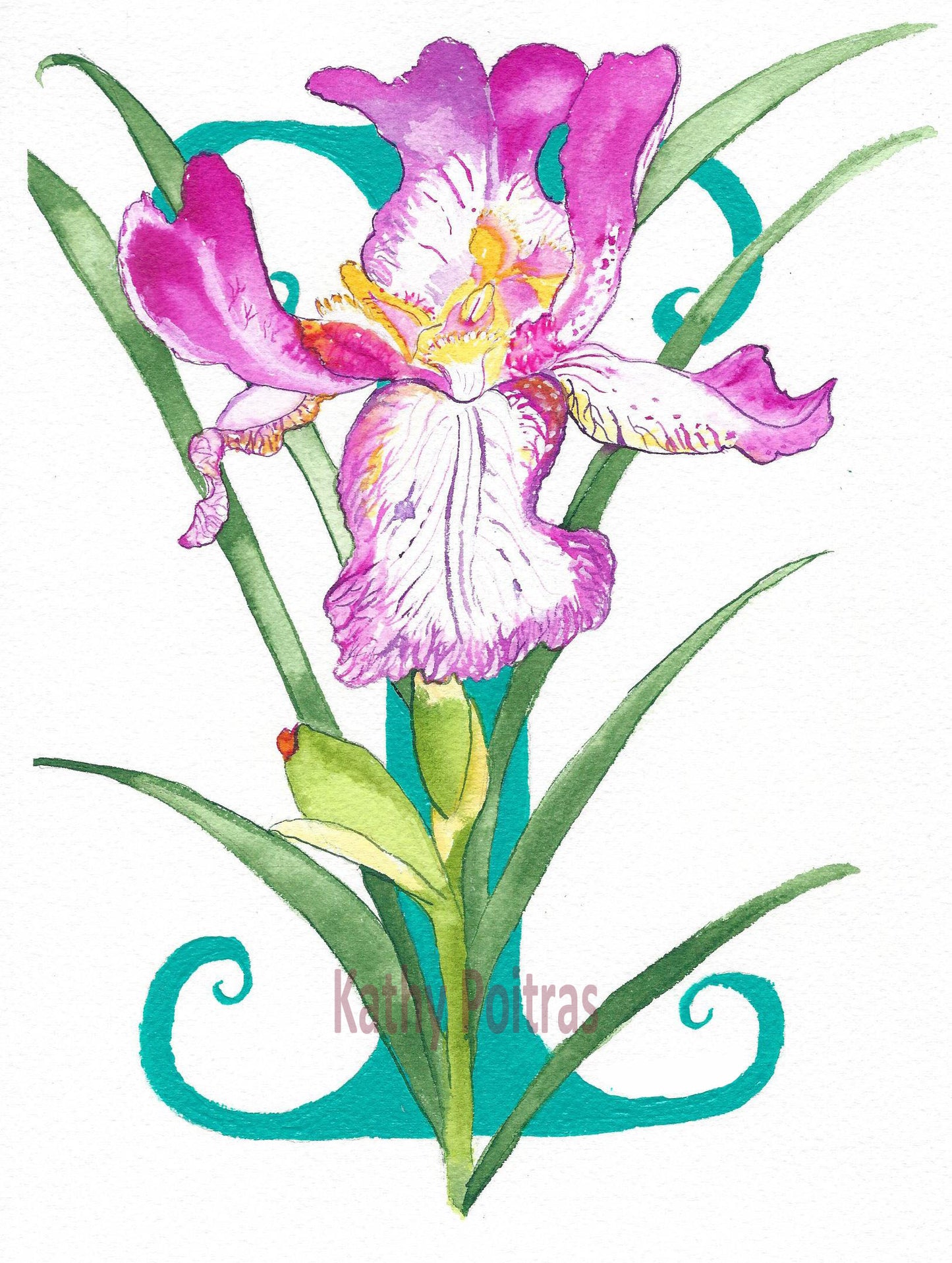 Illustrated letter Wall art, nursery art. Letter I is for Iris flower. by artist Kathy Poitras