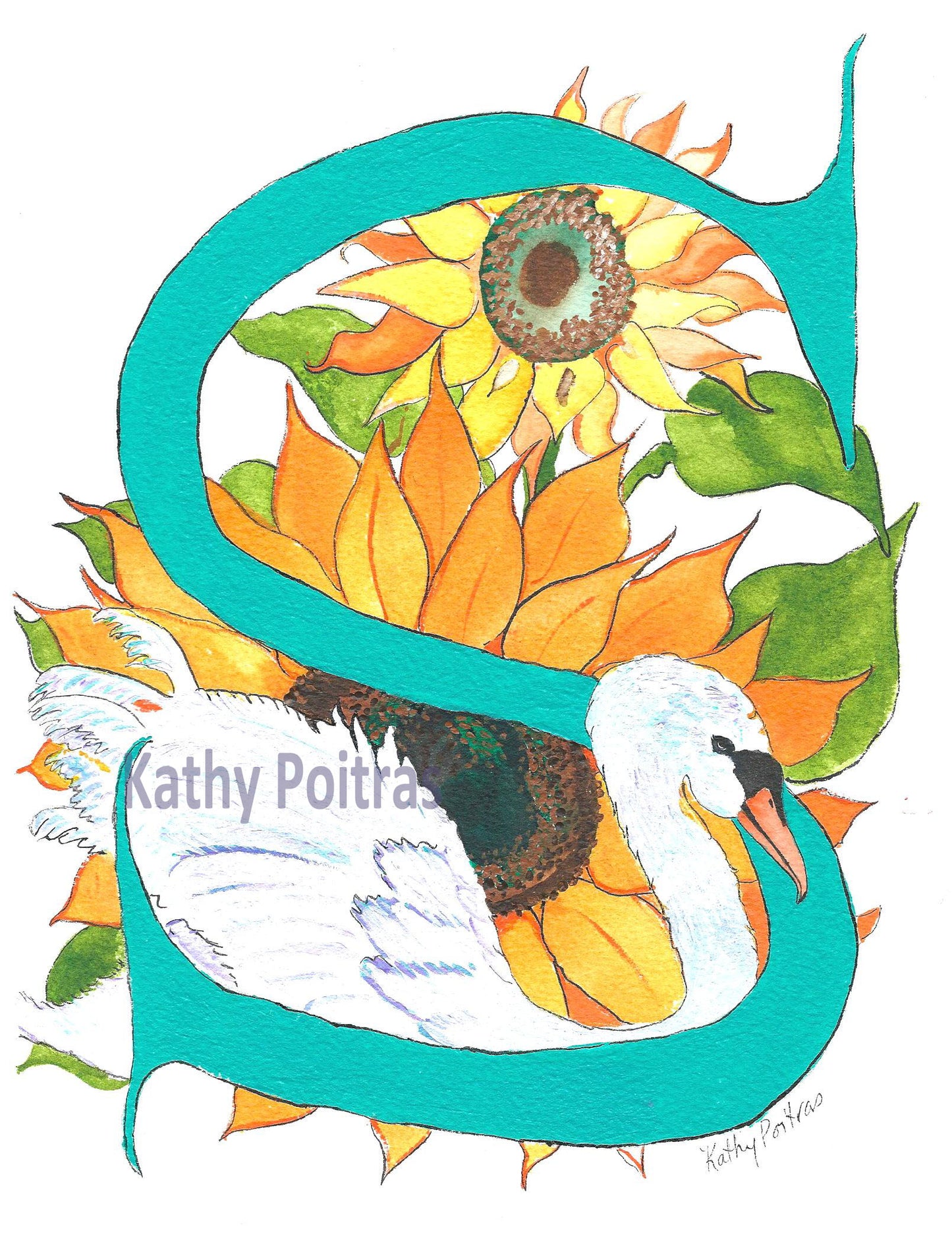 Illustrated Letter S is for Swan and Sunflowers