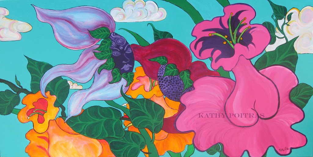 Whimsical acrylic painting of bold flowers on turquoise sky, with one blossom showing a gentle face.