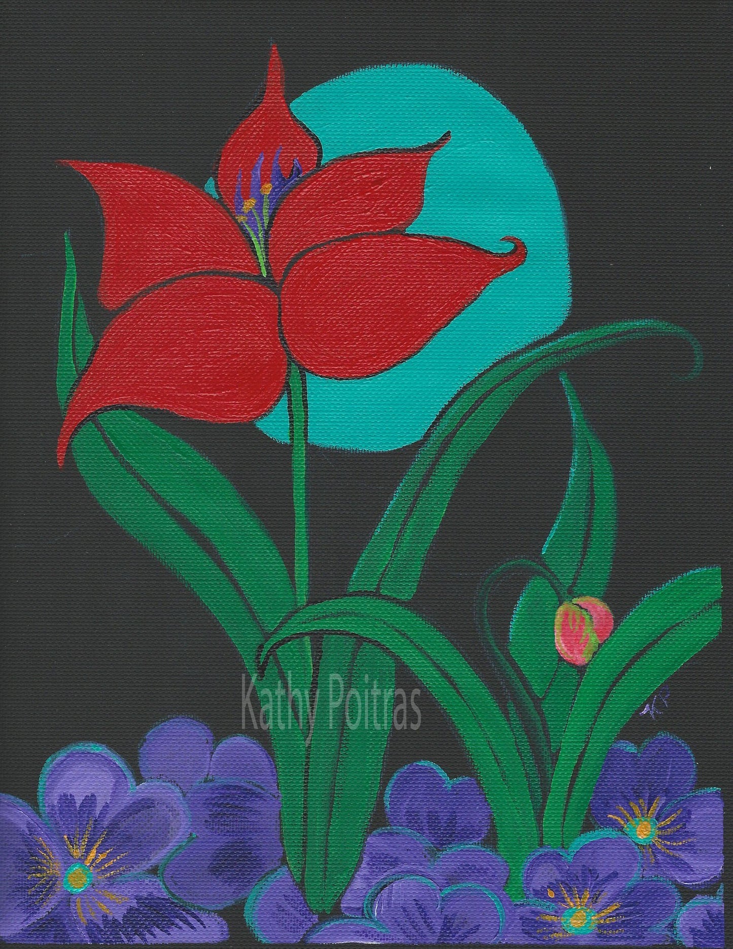 Elegant Red Tulip Flower, against a blue moon, surrounded by purple pansies. 8.5 x 11 inches, acrylic on black canvas paper, Naïve Folk art by Kathy Poitras.