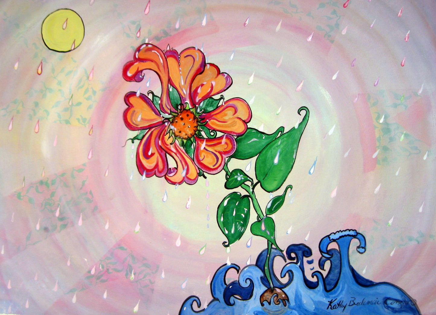emotional wall art flower watercolor and acrylic painting and impression of a beleaguered orange and pink sunflower/ poppy , riding stormy waves against a pink and yellow impressionistic sky, with raindrops and a yellow sun. From the imagination of artist Kathy Poitras.