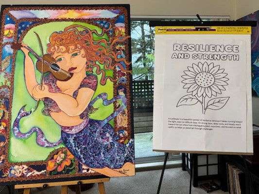 A vibrant painting of a woman playing a violin stands beside a sunflower poster about resilience and strength, creating a warm, uplifting display that invites viewers to reflect, create, and feel supported.