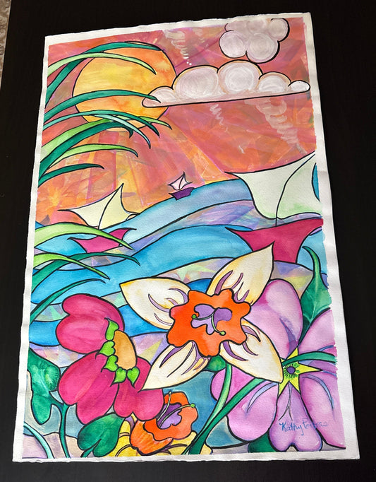 A windy day at the beach-Original Painting & Bamboo Prints-Art Cards