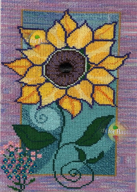Handmade photographic art card of Kathy Poitras’ sunflower cross stitch, high‑resolution image of yellow sunflower, teal background, purple border, floral embroidery details on plastic canvas.