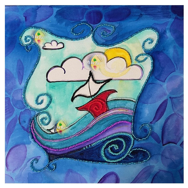 Our visit to the water's edge   12 x 12 inch acrylic painting with bead embroidery.