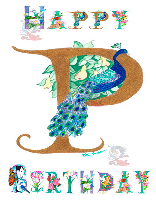 Personalized  Birthday Card Letter P  featuring a Peacock and in a Pear tree.