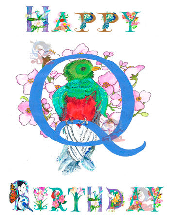 Personalized  Birthday Card Letter Q,  featuring a Quetzal and Quince