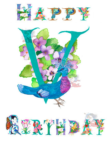 Personalized Birthday Card Letter V featuring a Victorian Pigeon and Violets.&nbsp; Each card is handmade from a photographic print of Kathy Poitras' original artwork and is uniquely and lovingly adorned with a subtle touch of glitter by our talented artist, adding sparkle to your loved one's special day.