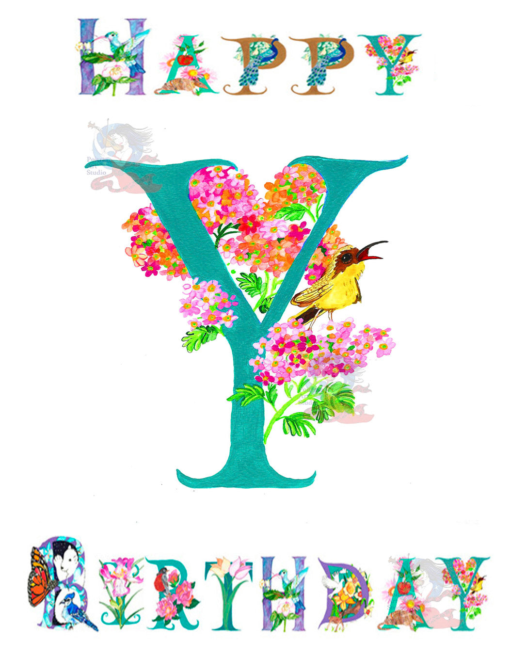 personalized Birthday Card Letter Y featuring a Yellowthroat Bird, and Yarrow flowers. Each card is handmade from a photographic print of Kathy Poitras' original artwork and is uniquely and lovingly adorned with a subtle touch of glitter by our talented artist, adding a touch of sparkle to your loved one's special day.