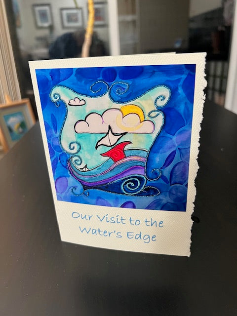 Our visit to the water's edge   12 x 12 inch acrylic painting with bead embroidery.