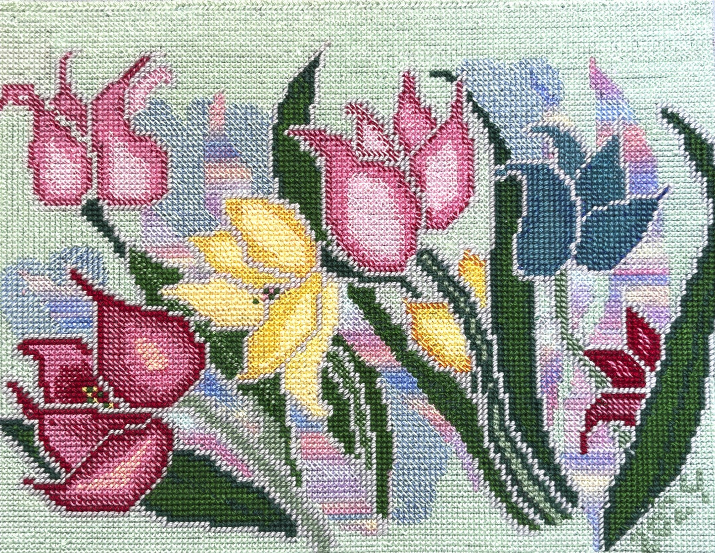Original Handcrafted Floral Cross Stitch – Framed 11x14 Textile Art