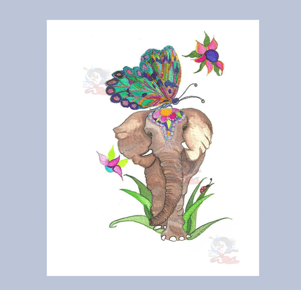 Hand Made XL Display Art Card or signed print  of artist's work, Elephant and Butterfly