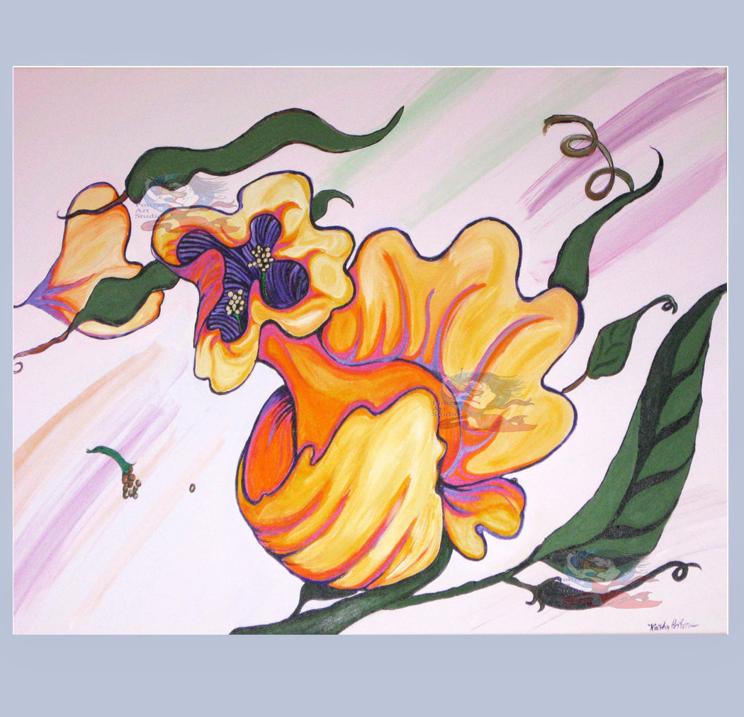 extra large display art card or signed print of artists work of a flower flying against the wind