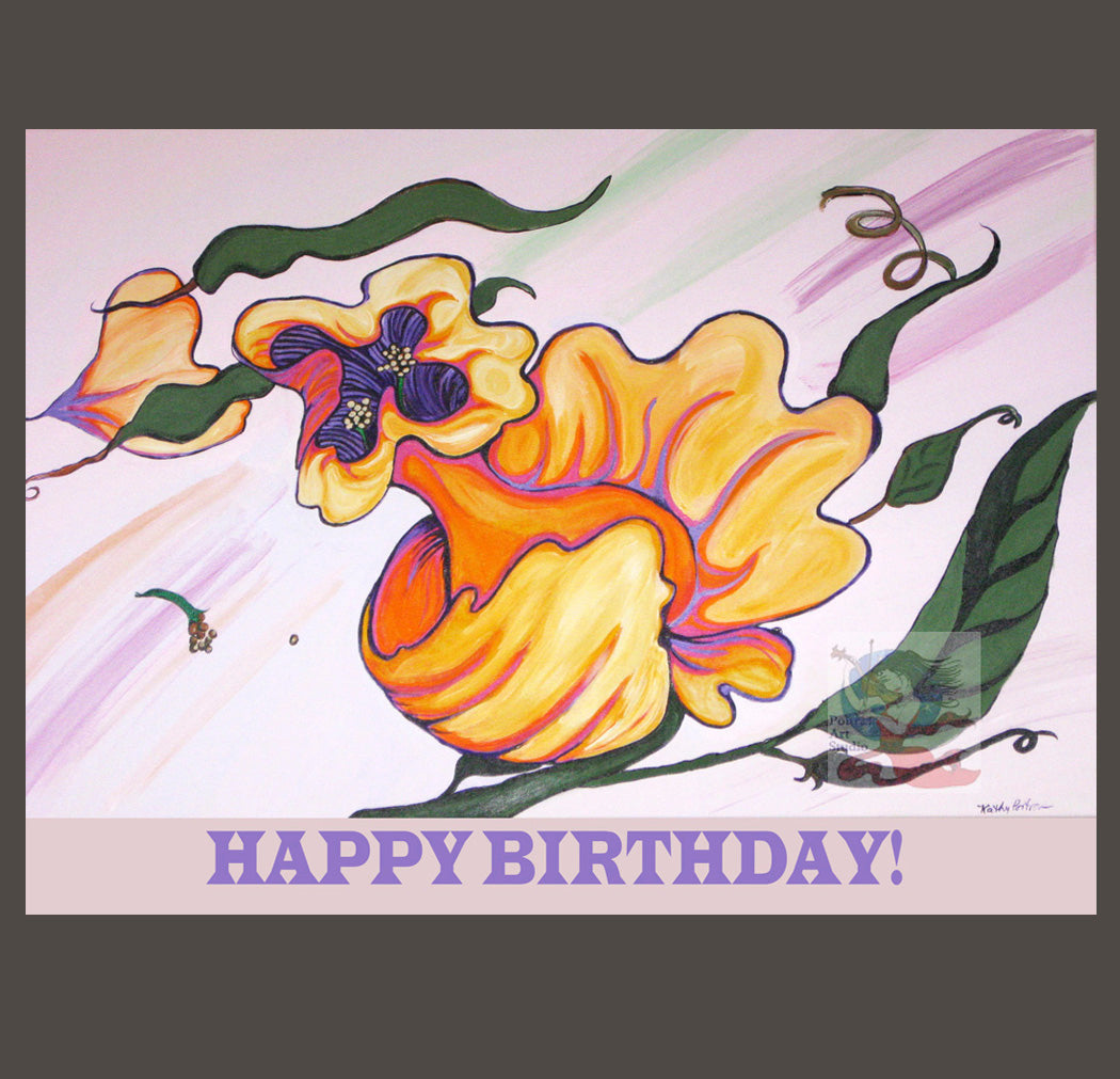 Hand Made Birthday Art Card "The Defiant One" A daffodil flies against the wind