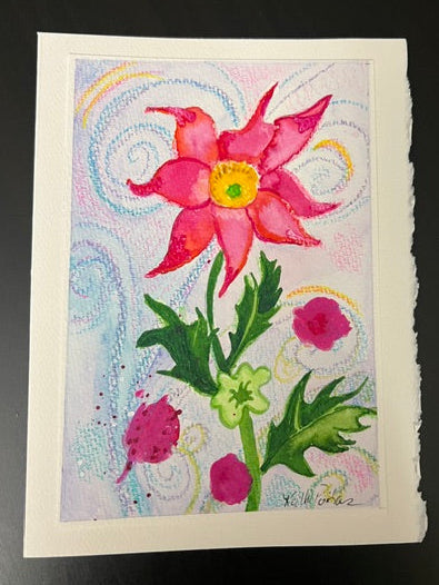 "Red Blossom " watercolor, crayon, acrylic paint and ink on watercolor paper