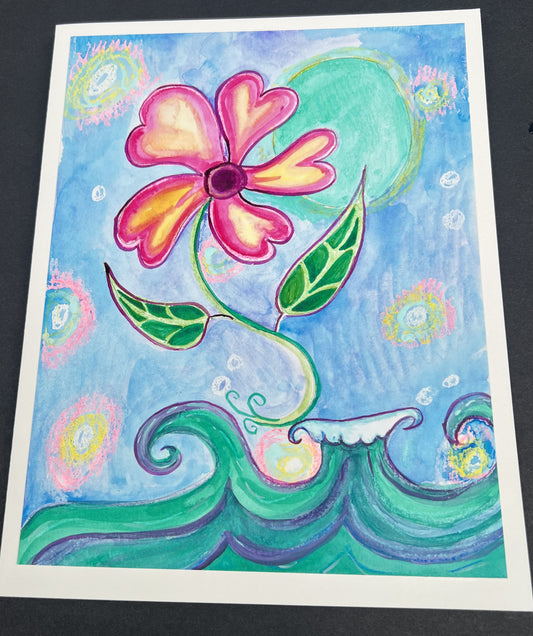 Flower above the wave watercolor, ink and crayon on 140 lb rag paper