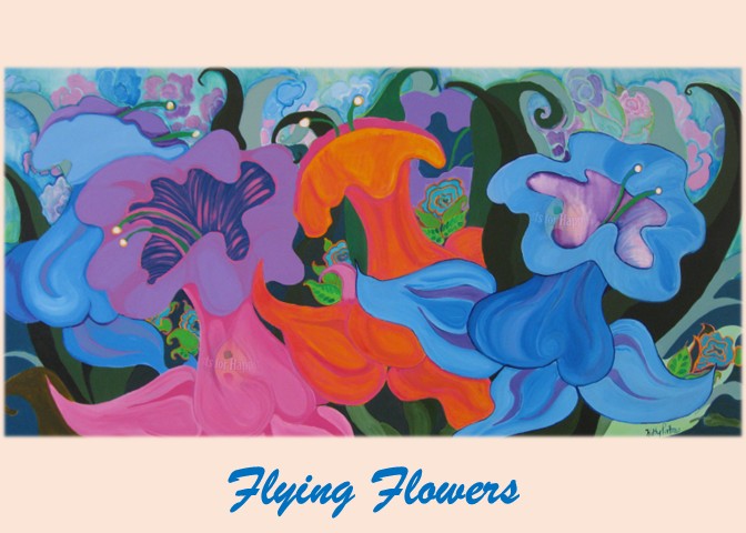 Flying Flowers greeting card by Kathy Poitras featuring vibrant abstract flowers in motion, with swirling petals in blue, pink, purple, and orange. Title in blue cursive at bottom.